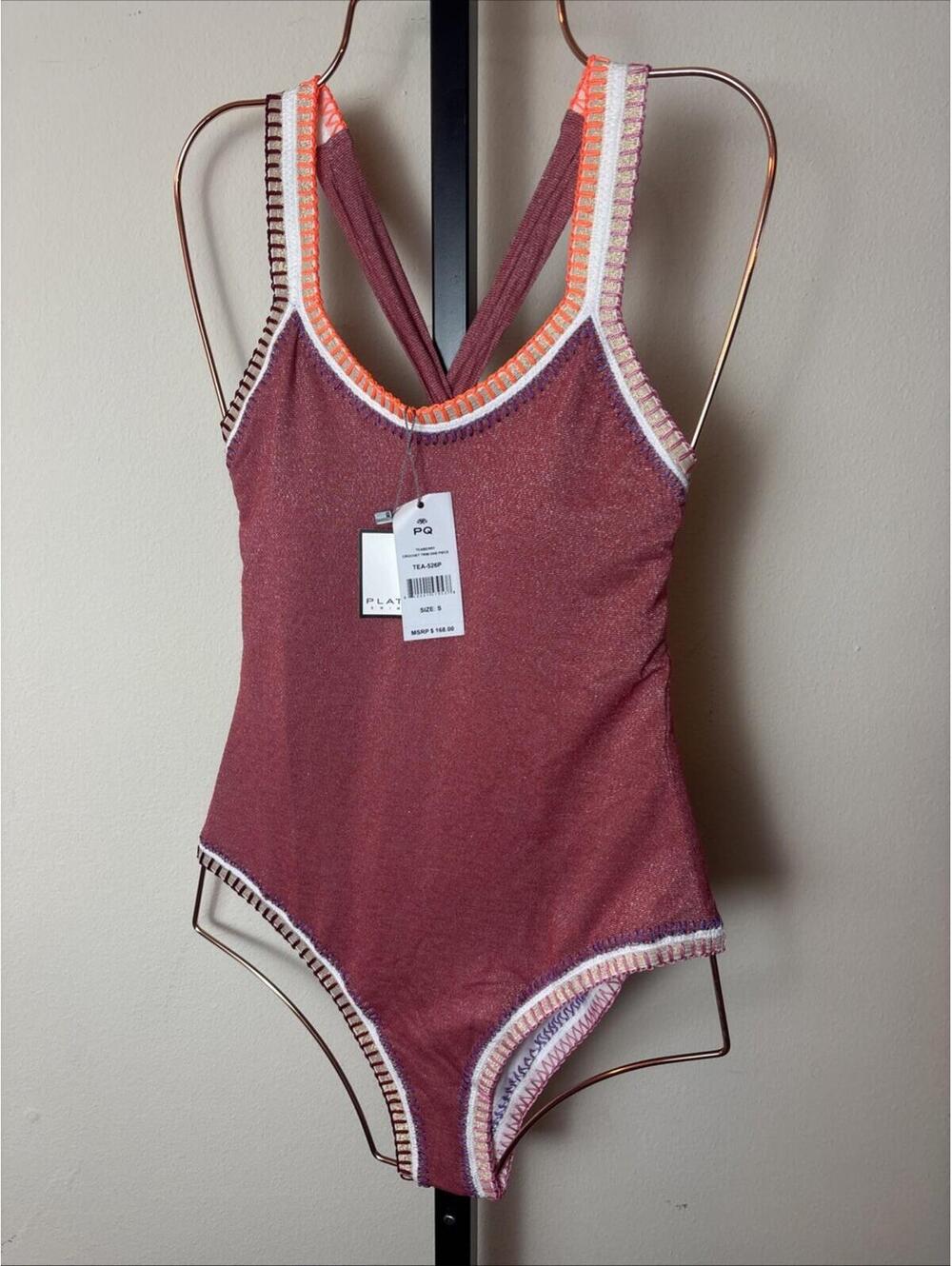 PQ Swim Platinum Teaberry Crochet Trim One-Piece Swimsuit, Small, $168 NWT, 2370